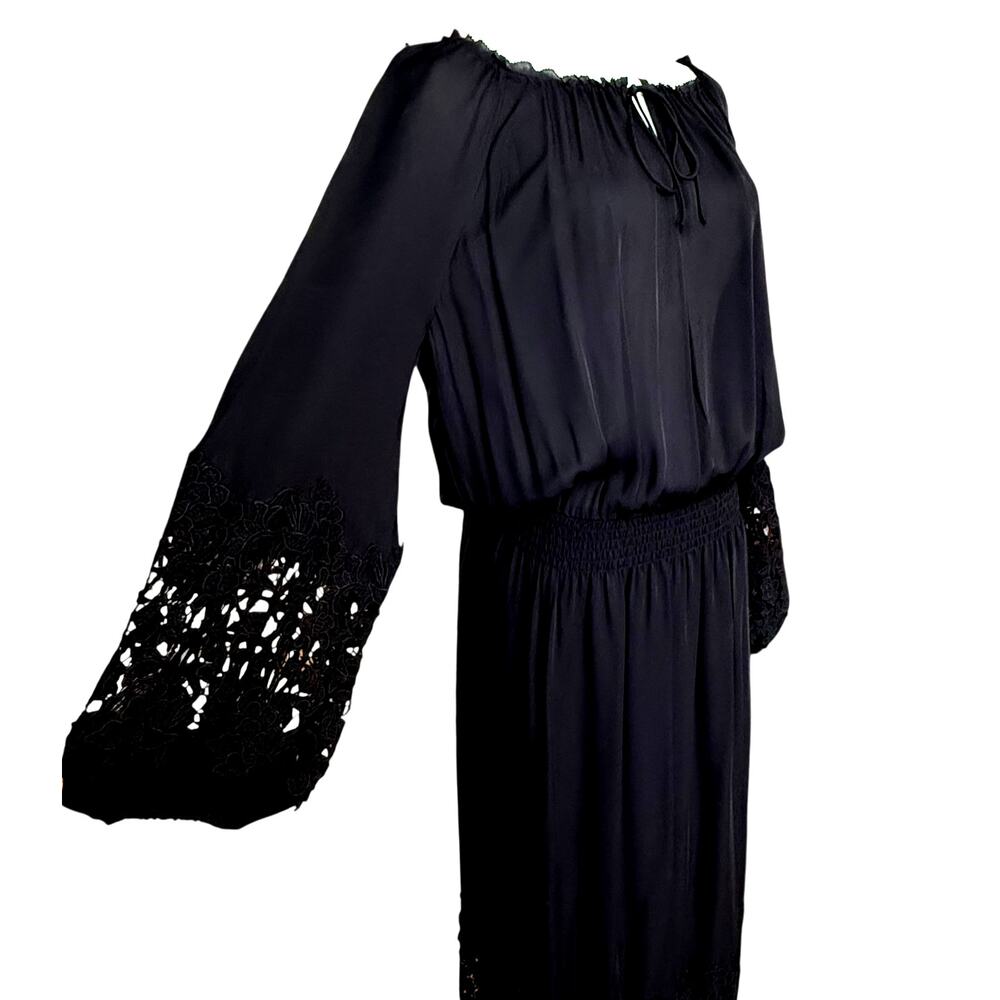 Eli Tahari 100% Silk Black Lace Embroidery Long Sleeves Maxi Dress Size M